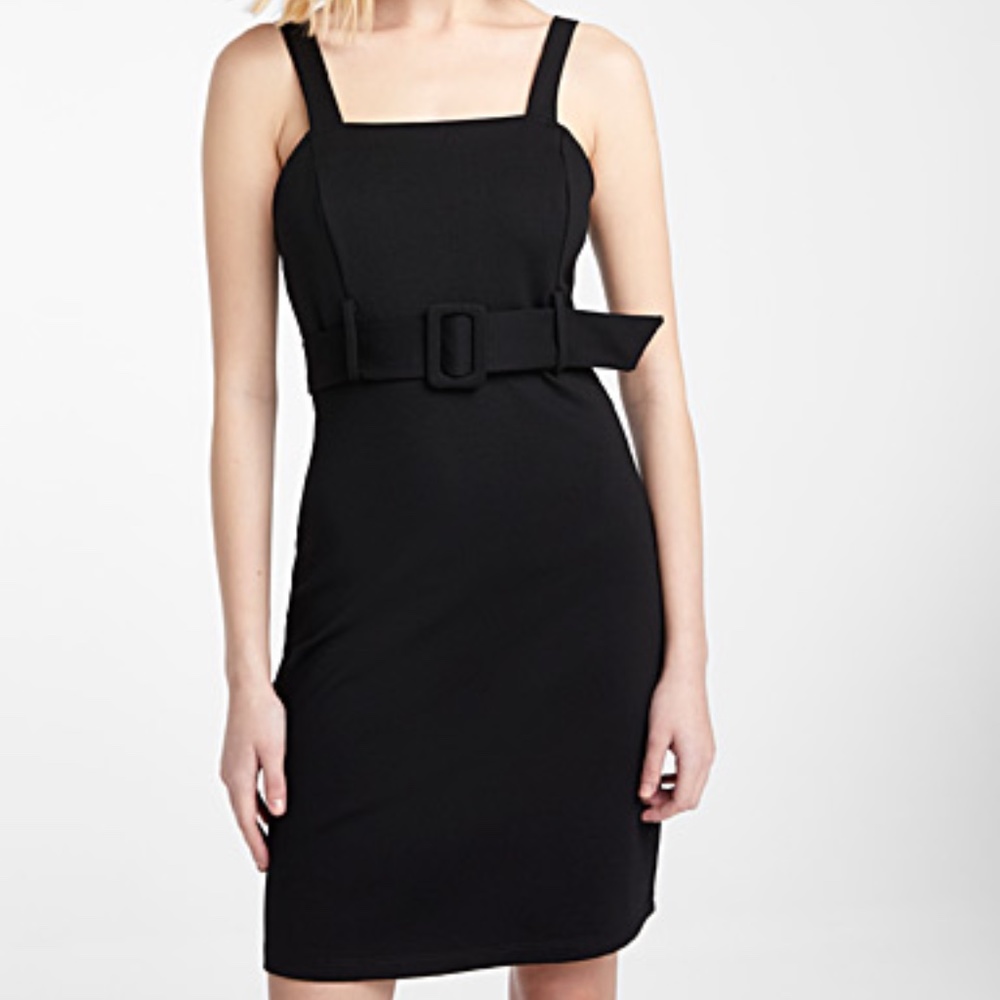 Minimalist black belted sleeveless square neck short dress NWT